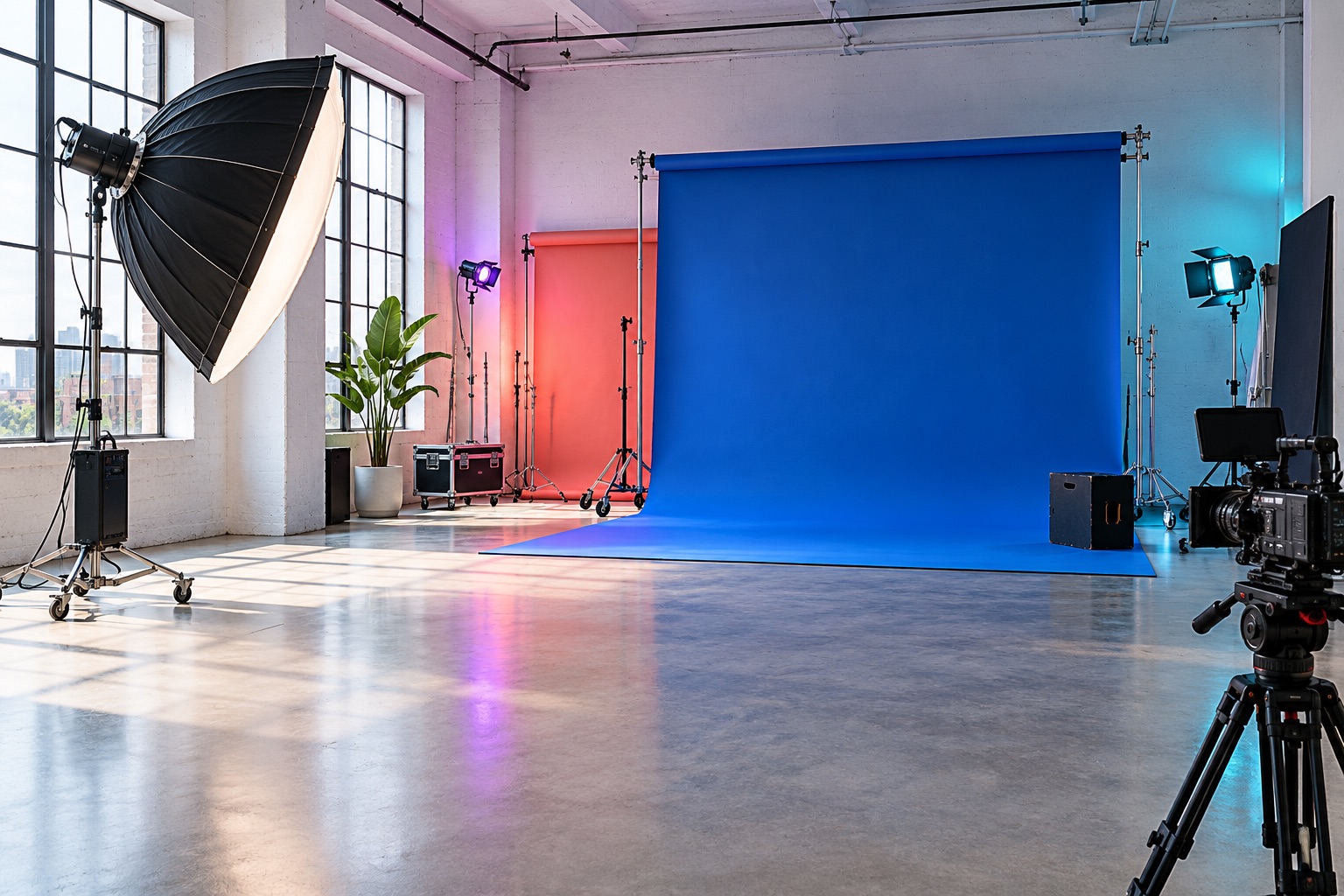 Illustrative photography studio with blue and coral backdrops and colourful lighting